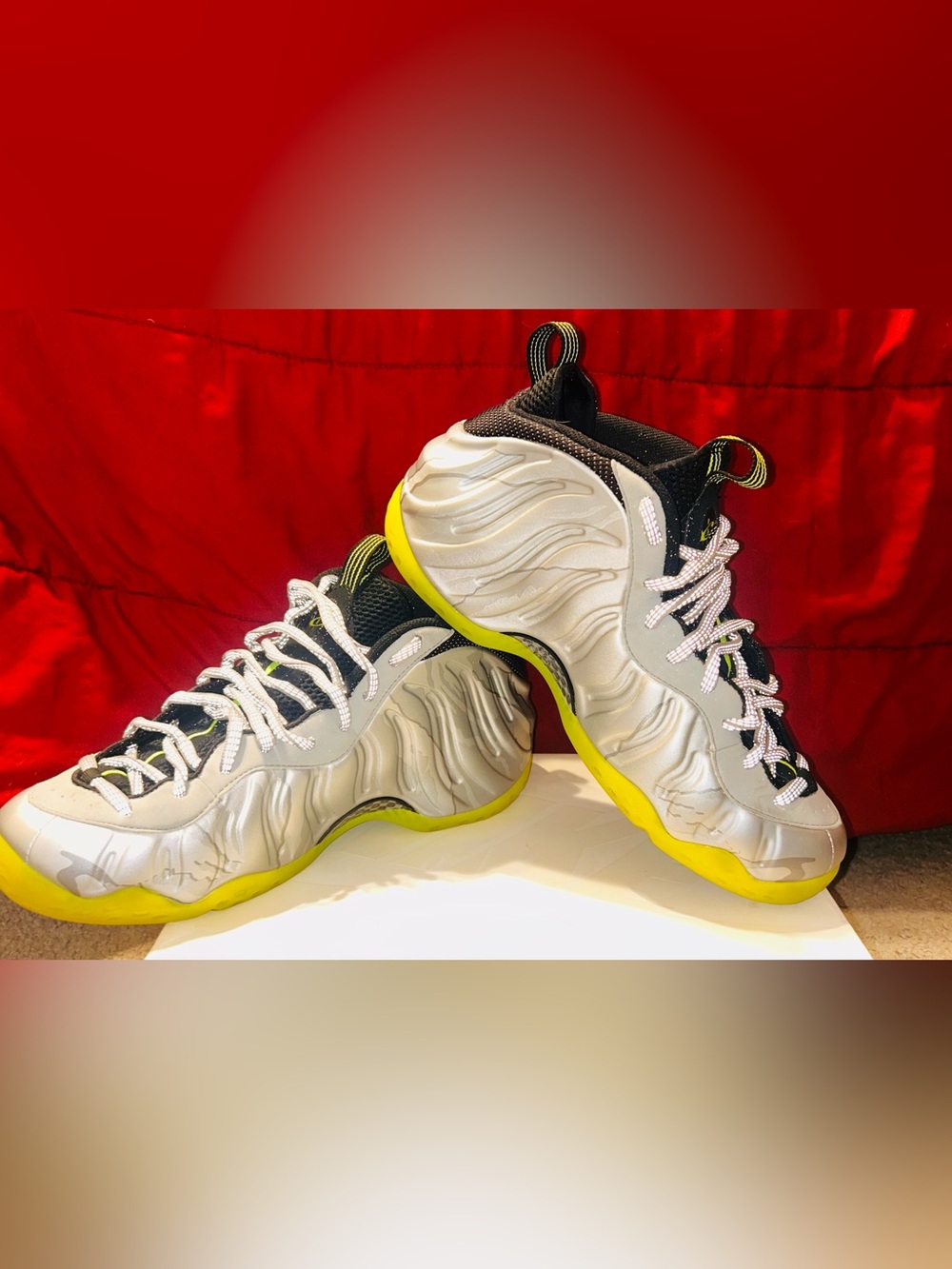 Nike Men’s Silver Foamposite with Yellow Outsole Athletic Shoes